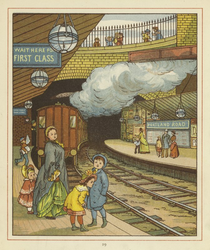 En kvinna som står med en grupp barn på en plattform vid Portland Road järnvägsstation av Thomas Crane