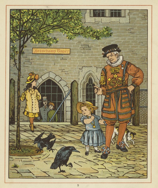 En ung flicka står nervöst bredvid en Yeoman of the Guard av Thomas Crane