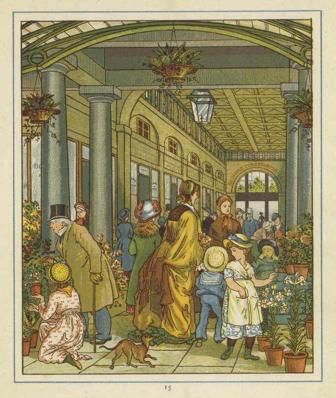Interiörbild av människor bland blommor som säljs i Covent Garden av Thomas Crane