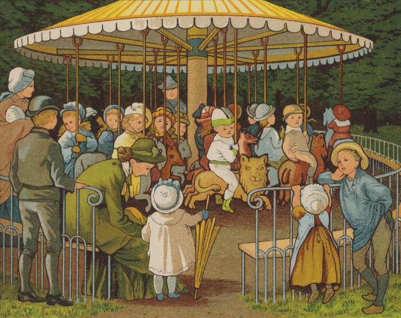 Paris: en merry-go-round på Champs Elysees (färg litho) av Thomas Crane