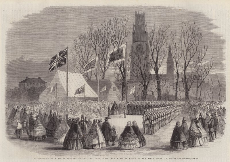 Överlämnande av en silvertrumpet till artillerikåren och en silverblåsare till skyttekåren i Boston. av Thomas Harrington Wilson