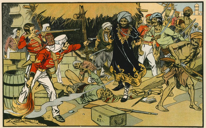 Förstörelse av tidningen i Delhi (färglitografi) av Thomas Heath Robinson