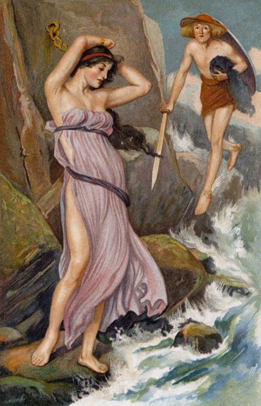 Full av medlidande ... ... ... Perseus närmade sig och såg på jungfrun (chromolitho) av Thomas Heath Robinson