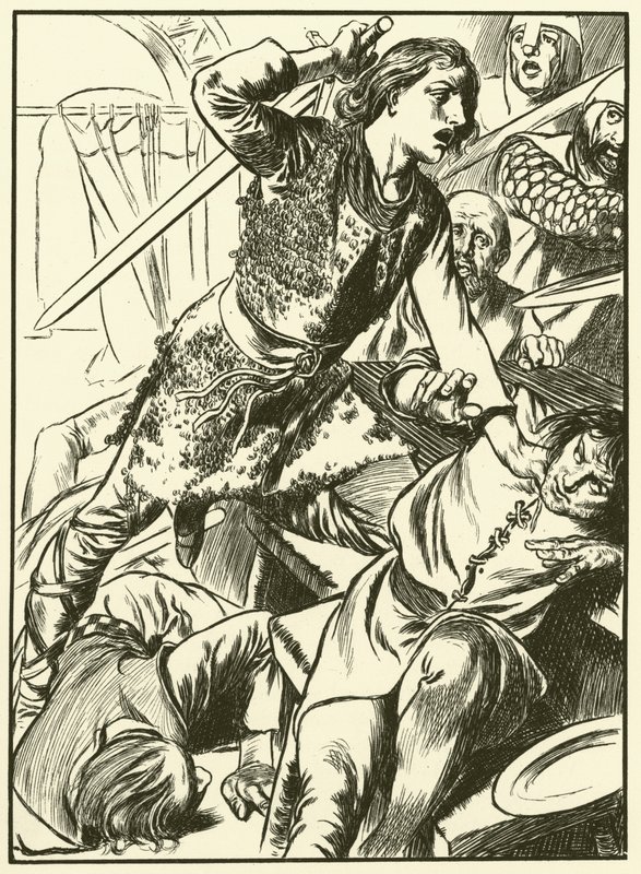Hereward och hans män attackerar normanderna (gravyr) av Thomas Heath Robinson