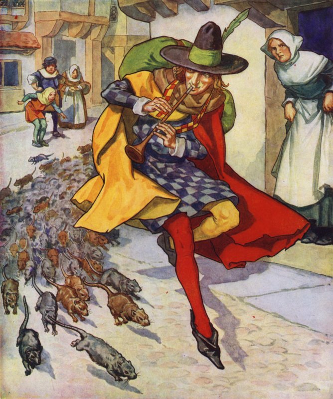 Illustration till The Pied Piper of Hamelin (färglitografi) av Thomas Heath Robinson