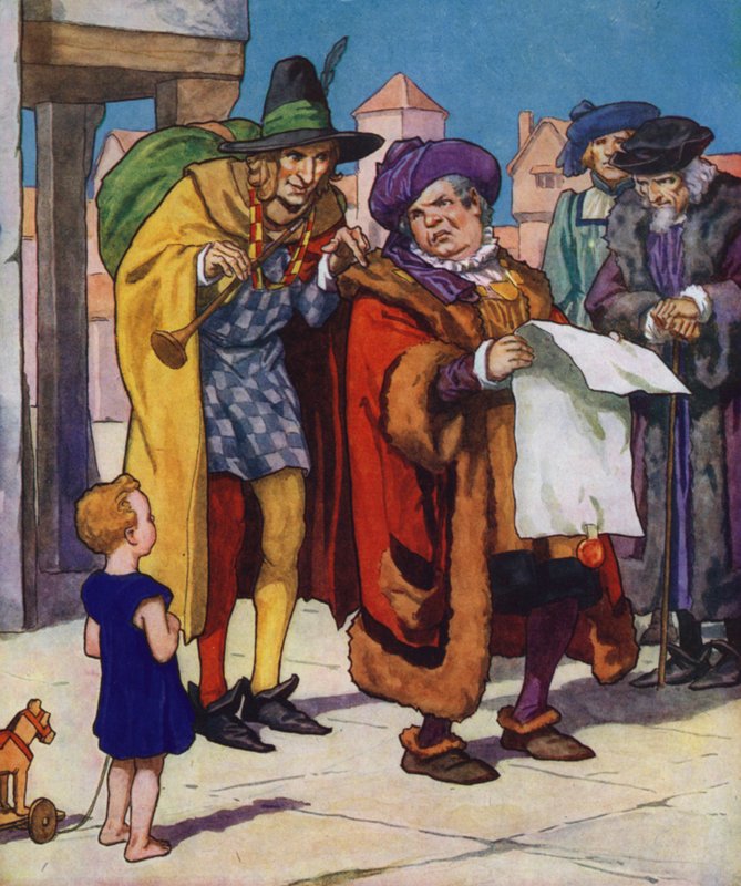 Illustration till The Pied Piper of Hamelin (färglitografi) av Thomas Heath Robinson