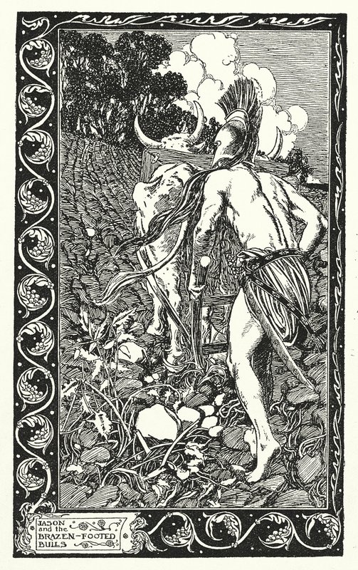 Jason och de fräcka tjurarna (litografi) av Thomas Heath Robinson
