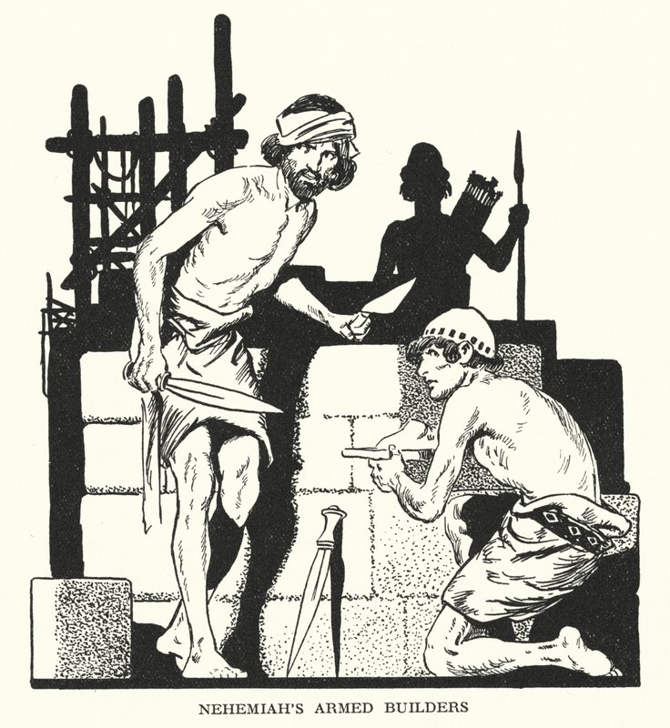 Nehemjas beväpnade byggare (litografi) av Thomas Heath Robinson