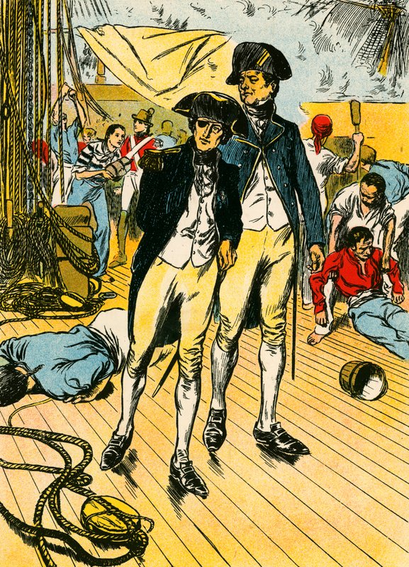 Nelson på "Victory" vid Trafalgar (färglitografi) av Thomas Heath Robinson