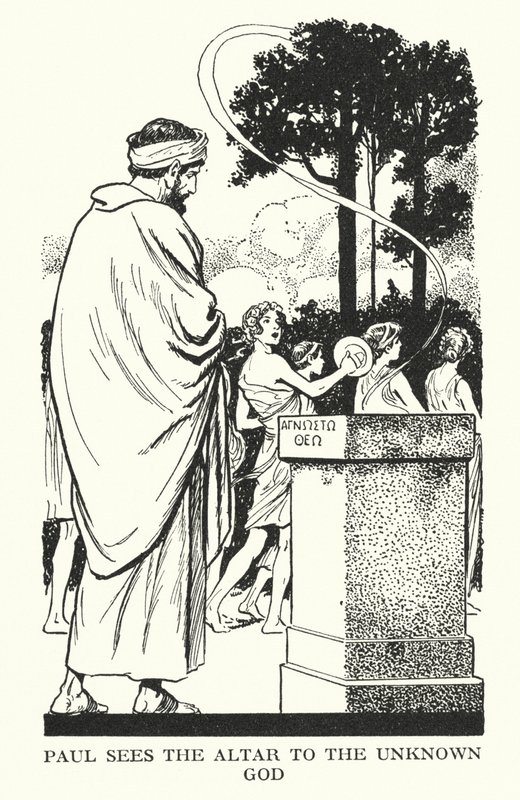 Paulus ser altaret till den okände guden (litografi) av Thomas Heath Robinson