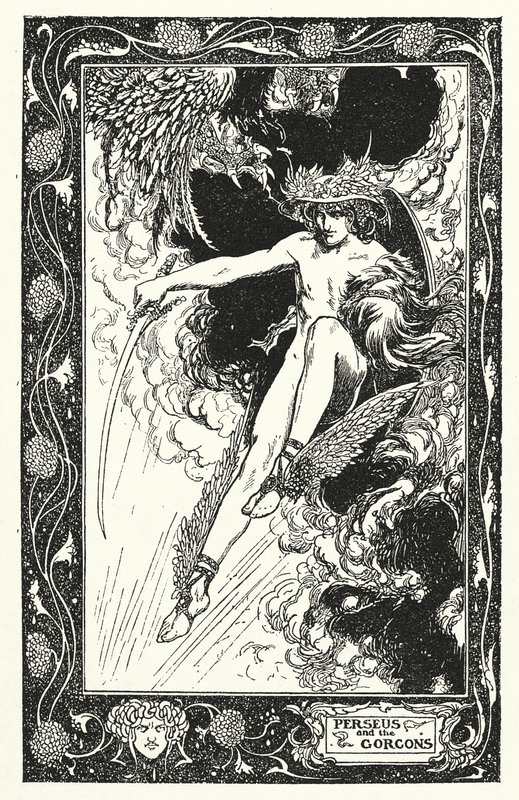 Perseus och Gorgonerna (litografi) av Thomas Heath Robinson