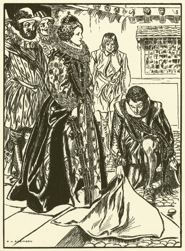 Raleigh breder ut sin kappa inför Elizabeth (gravyr) av Thomas Heath Robinson