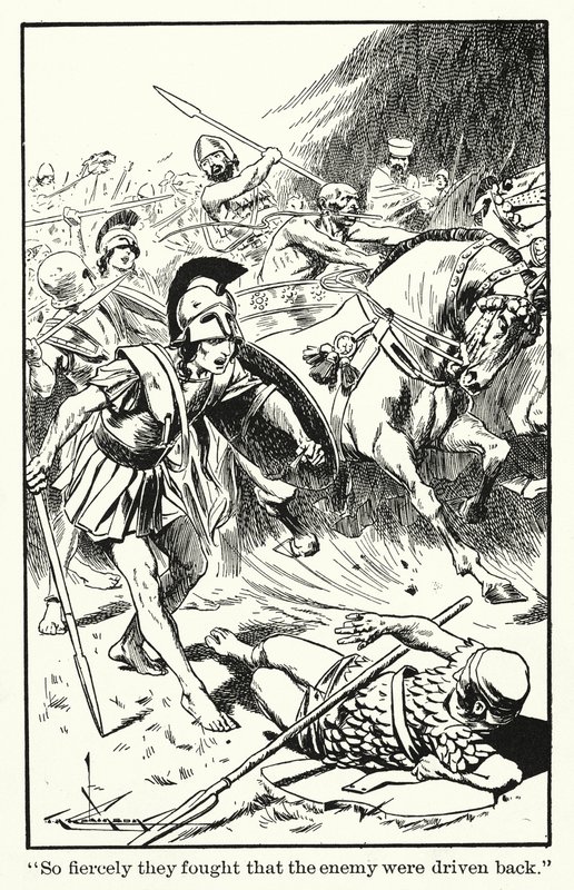 "De stred så häftigt att fienden drevs tillbaka" (litografi) av Thomas Heath Robinson