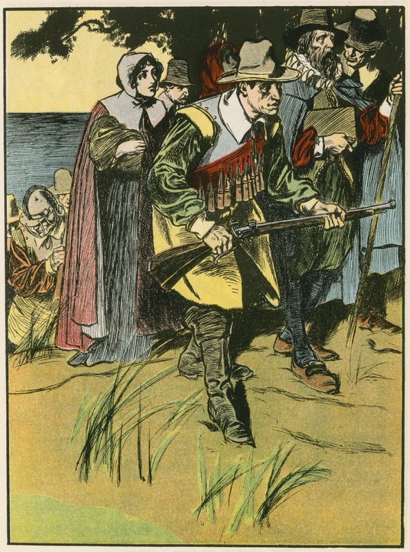 Pilgrimsfäderna på väg in i den nya världen (färglitografi) av Thomas Heath Robinson