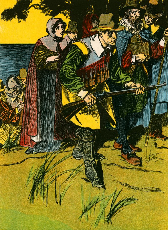 Pilgrimsfäderna på väg in i den nya världen (färglitografi) av Thomas Heath Robinson