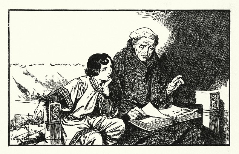 Den blivande kung Alfred under utbildning (litografi) av Thomas Heath Robinson