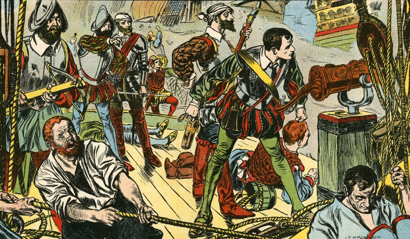 Den lilla "Revenge" kämpar mot femtio spanska galleoner (färglitografi) av Thomas Heath Robinson
