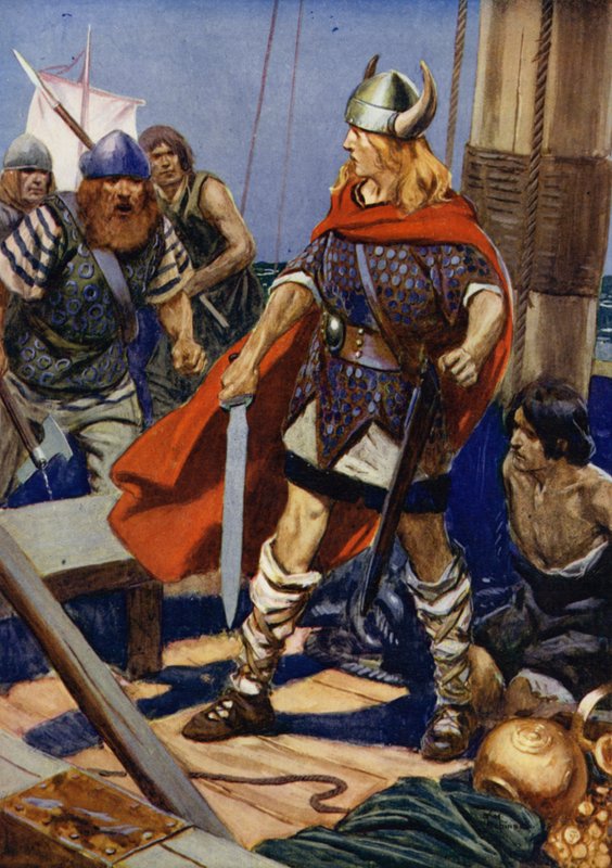 Roddbåten klappade ihop och ur den steg vargen Guldred, med Ulgar och en till som stöd: scen ur Stormningen av Rovan Hold (färglitografi) av Thomas Heath Robinson