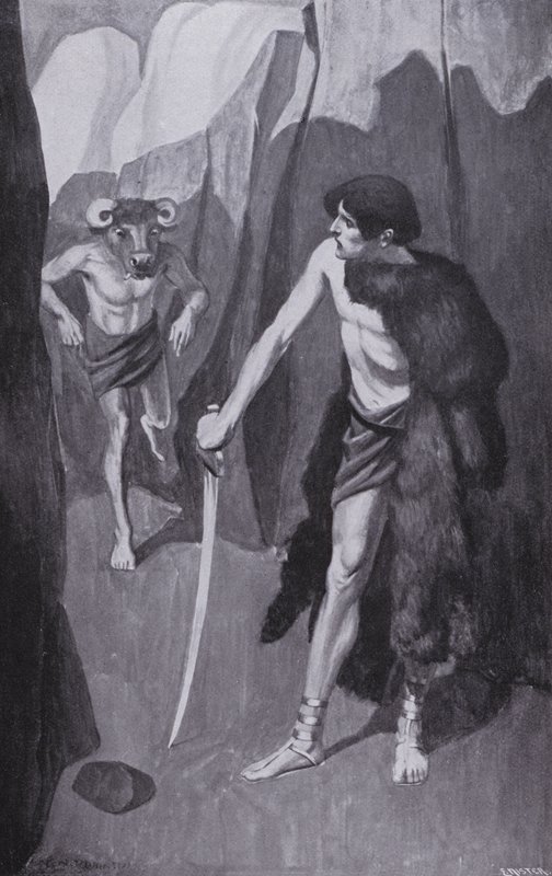 Theseus mötte Minotaurus i en trång avgrund (litografi) av Thomas Heath Robinson