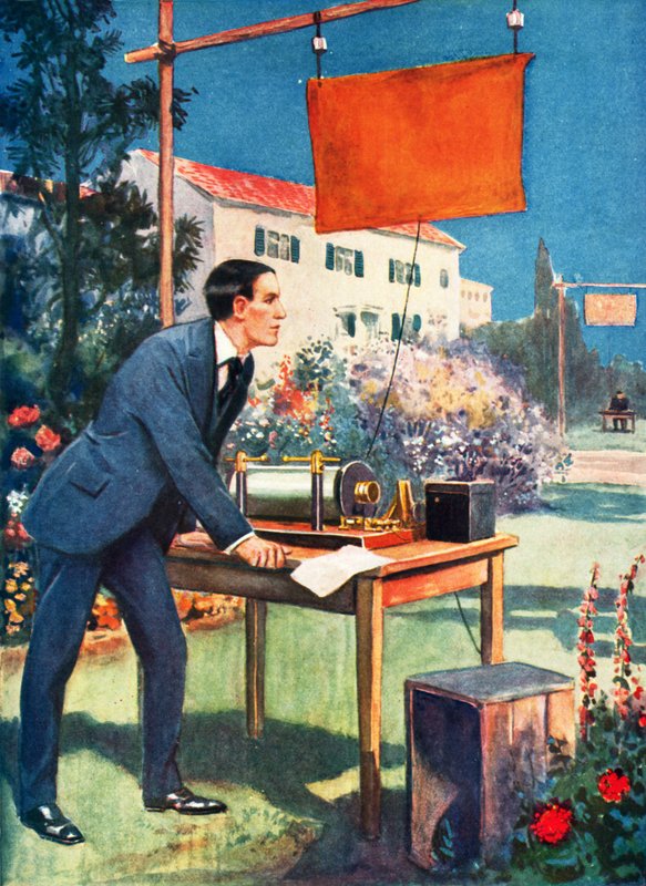 Trådlös telegrafi, ett av Marconis tidigaste experiment (färglitografi) av Thomas Heath Robinson