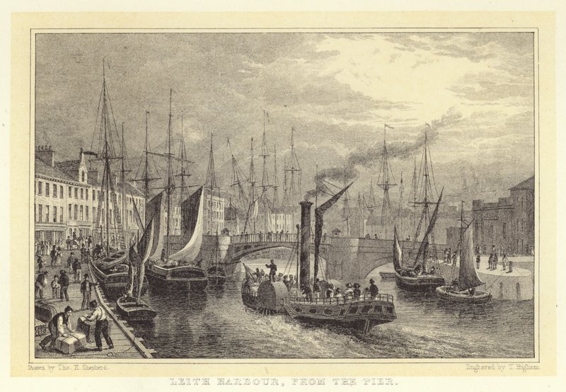 Leith Harbour, från piren (gravyr) av Thomas Hosmer (after) Shepherd
