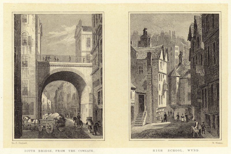 South Bridge, från Cowgate; High School, Wynd (gravyr) av Thomas Hosmer (after) Shepherd