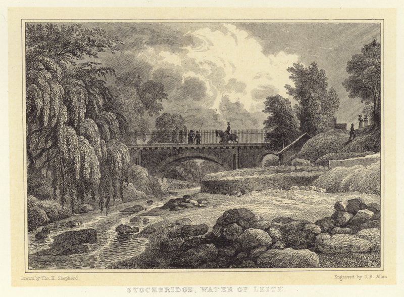 Stockbridge, Water of Leith (gravyr) av Thomas Hosmer (after) Shepherd