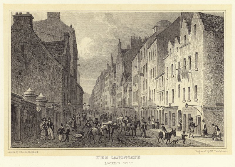 Canongate, som ser västerut (gravyr) av Thomas Hosmer (after) Shepherd