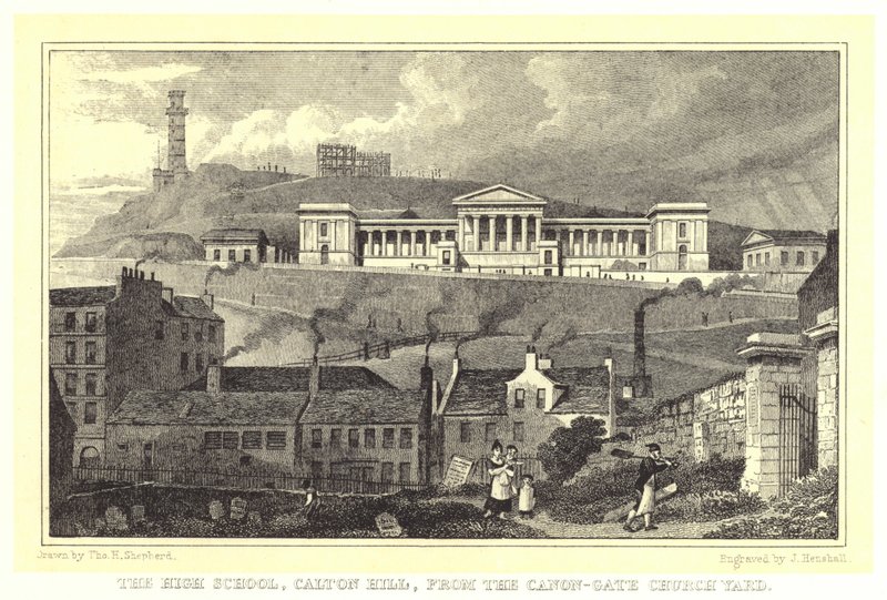 High School, Calton Hill, från Canon-Gate Church Yard (gravyr) av Thomas Hosmer (after) Shepherd