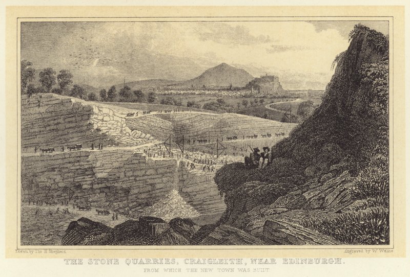 Stenbrotten, Craigleith, nära Edinburgh, från vilken New Town byggdes (gravyr) av Thomas Hosmer (after) Shepherd