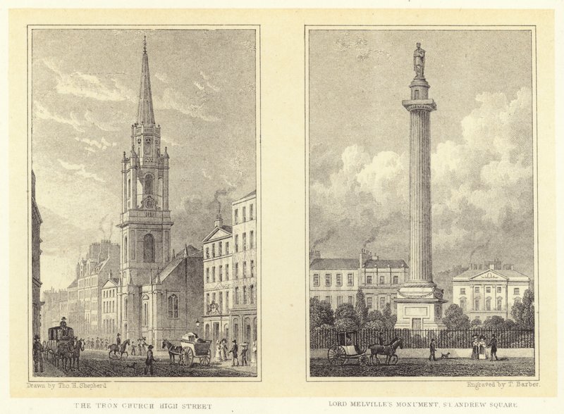 Tronkyrkan, High Street; Lord Melvilles monument, St Andrew Square (gravyr) av Thomas Hosmer (after) Shepherd