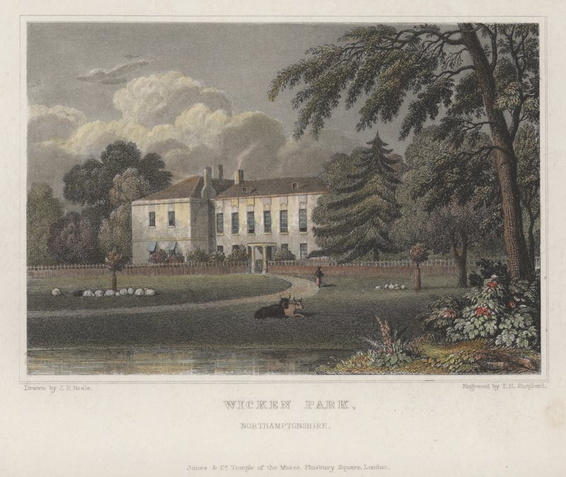 Wicken Park, Northamptonshire (färgad gravyr) av Thomas Hosmer (after) Shepherd