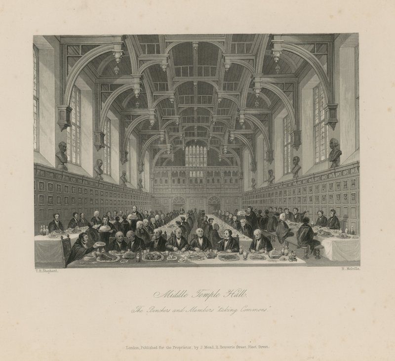 Bänkar och medlemmar "tar allmänningar" i Middle Temple Hall av Thomas Hosmer Shepherd