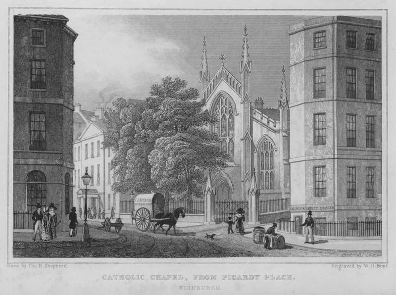 Katolska kapellet, från Picardy Place, Edinburgh (gravyr) av Thomas Hosmer Shepherd