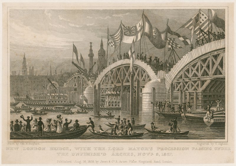 Byggandet av New London Bridge, 9 november 1827 av Thomas Hosmer Shepherd