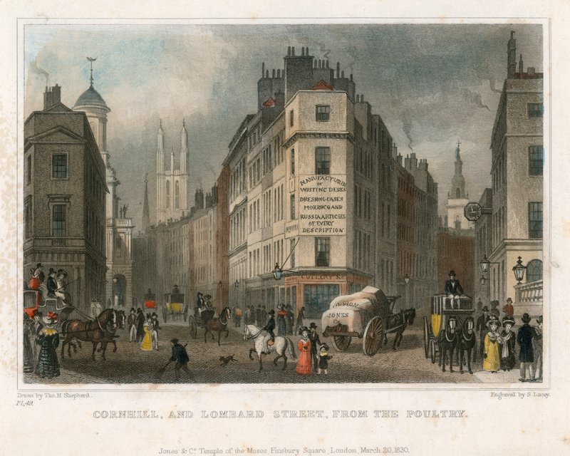 Cornhill and Lombard Street, London, från Poultry av Thomas Hosmer Shepherd