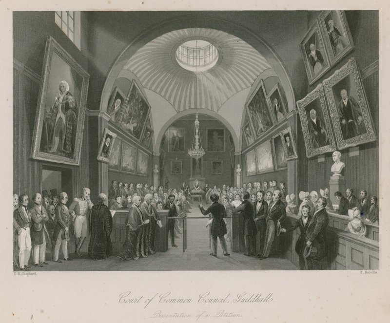 Court of Common Council, Guildhall, London; framläggande av en petition av Thomas Hosmer Shepherd