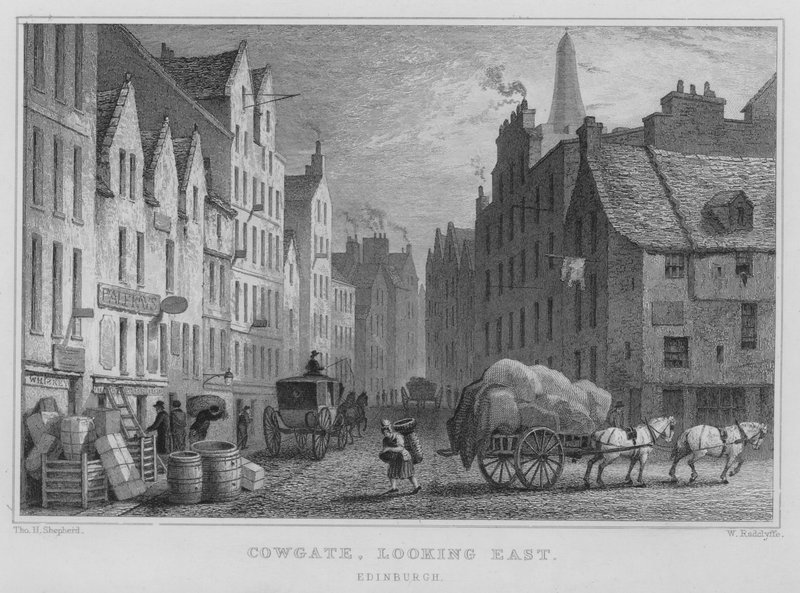 Cowgate, tittar österut, Edinburgh (gravyr) av Thomas Hosmer Shepherd