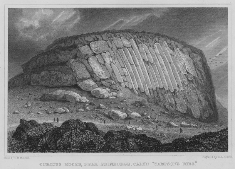 Curious Rocks, nära Edinburgh, kallad Sampsons revben (gravyr) av Thomas Hosmer Shepherd