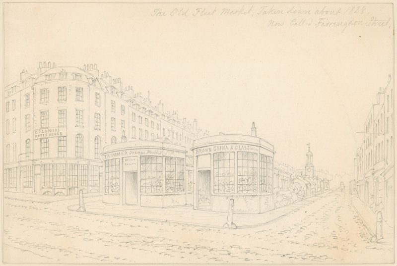 Fleet Market från Holborn Bridge (nu borttagen) av Thomas Hosmer Shepherd