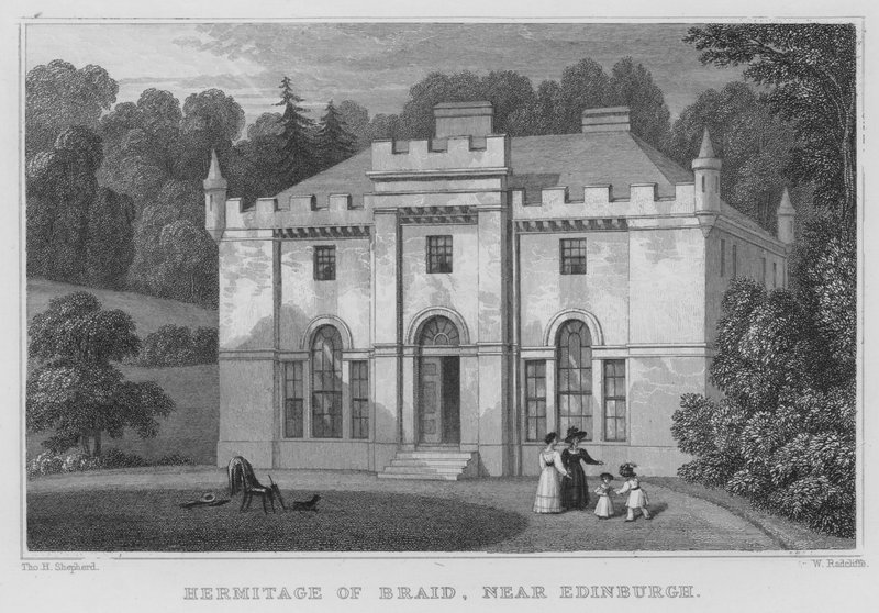 Hermitage of Braid, nära Edinburgh (gravyr) av Thomas Hosmer Shepherd