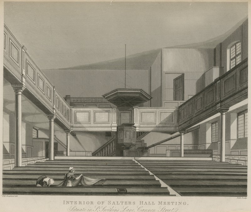Interiör av Salters Hall Meeting, beläget i St Swithins Lane, Cannon Street, London av Thomas Hosmer Shepherd