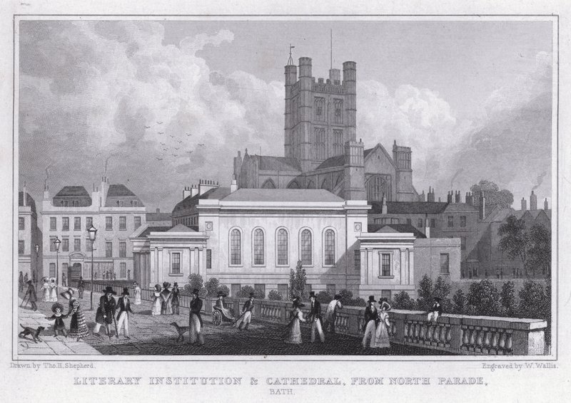 Litterär institution och katedral, från North Parade, Bath (gravyr) av Thomas Hosmer Shepherd