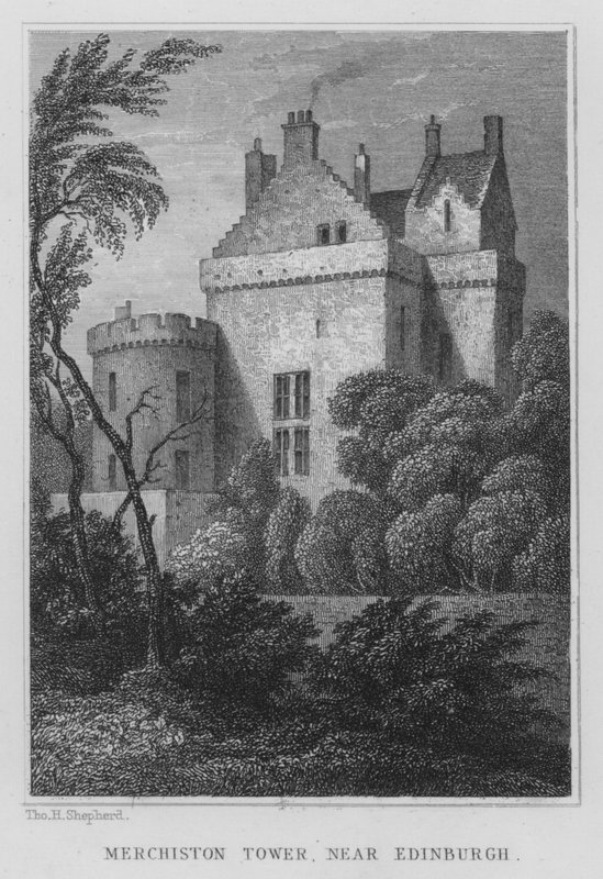 Merchiston Tower, nära Edinburgh (gravyr) av Thomas Hosmer Shepherd