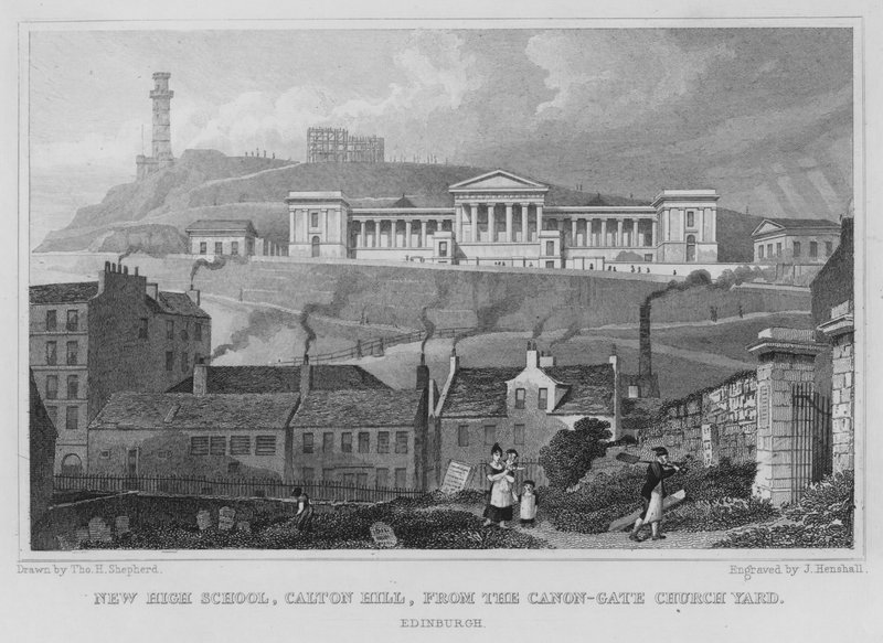 New High School, Calton Hill, från Canon-Gate Church Yard, Edinburgh (gravyr) av Thomas Hosmer Shepherd