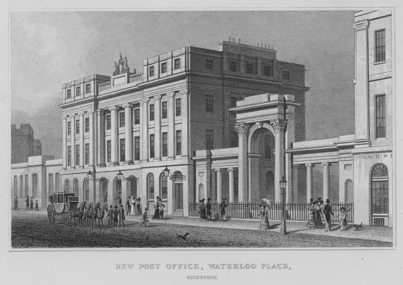 Nytt postkontor, Waterloo Place, Edinburgh (gravyr) av Thomas Hosmer Shepherd