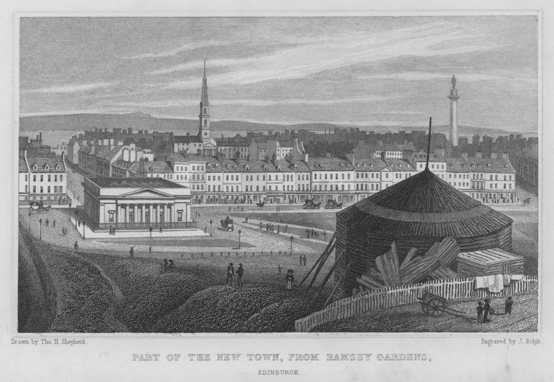 En del av New Town, från Ramsey Gardens, Edinburgh (gravyr) av Thomas Hosmer Shepherd
