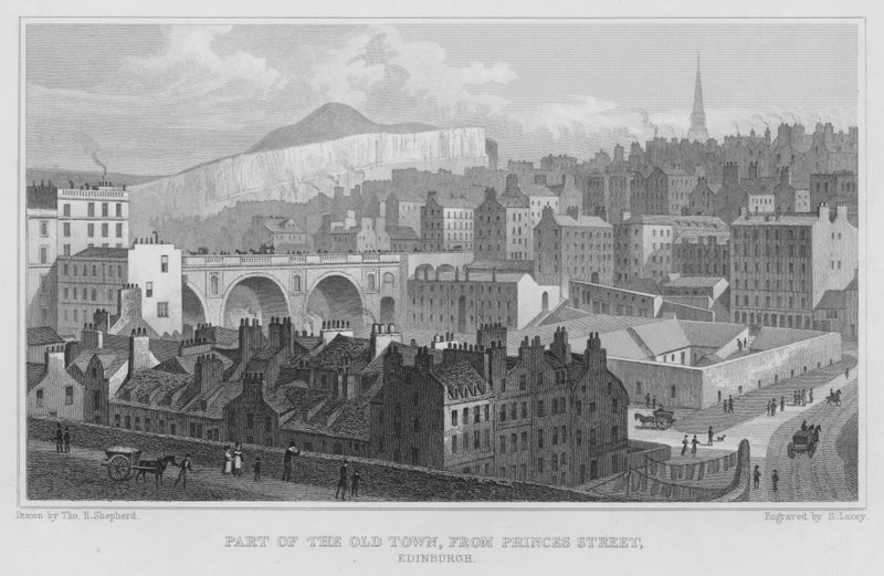 En del av Gamla Stan, från Princes Street, Edinburgh (gravyr) av Thomas Hosmer Shepherd