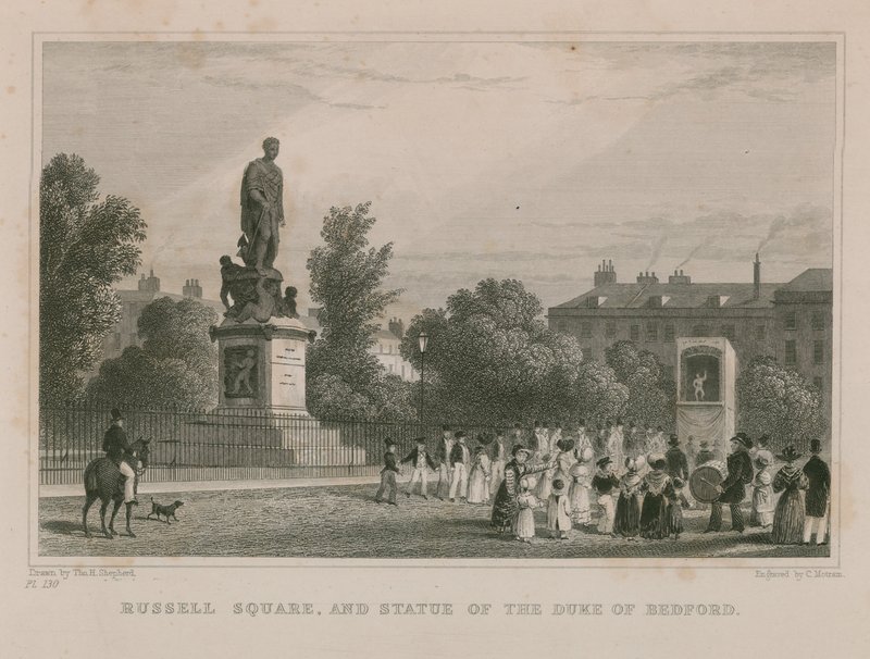 Russell Square och statyn av hertigen av Bedford av Thomas Hosmer Shepherd