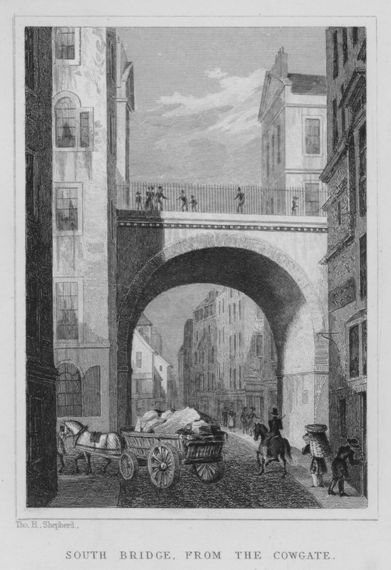 South Bridge, från Cowgate (gravyr) av Thomas Hosmer Shepherd
